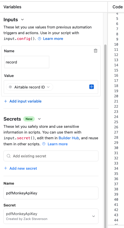 Airtable input variables setup